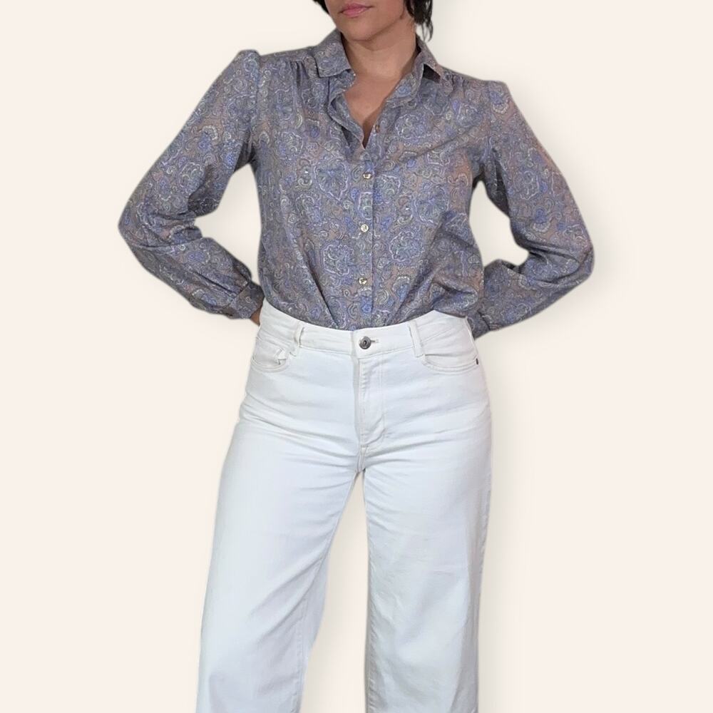 Last Arrow Purple Paisley Puff Sleeve vintage button up M